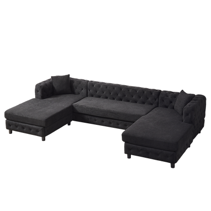 126-inch Modern Style Chenille Three Piece Sofa, Pull Point Design U-shaped Sofa two Chaise Longue Seats, two Pillows and Plastic Feet, Suitable for Living room, Bedroom, Lounge and Projection Room