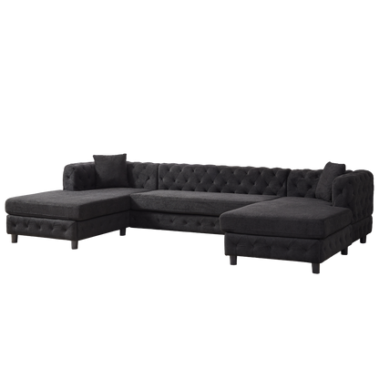 126-inch Modern Style Chenille Three Piece Sofa, Pull Point Design U-shaped Sofa two Chaise Longue Seats, two Pillows and Plastic Feet, Suitable for Living room, Bedroom, Lounge and Projection Room