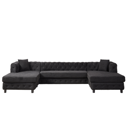 126-inch Modern Style Chenille Three Piece Sofa, Pull Point Design U-shaped Sofa two Chaise Longue Seats, two Pillows and Plastic Feet, Suitable for Living room, Bedroom, Lounge and Projection Room