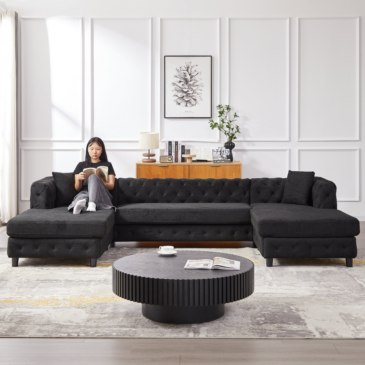 126-inch Modern Style Chenille Three Piece Sofa, Pull Point Design U-shaped Sofa two Chaise Longue Seats, two Pillows and Plastic Feet, Suitable for Living room, Bedroom, Lounge and Projection Room