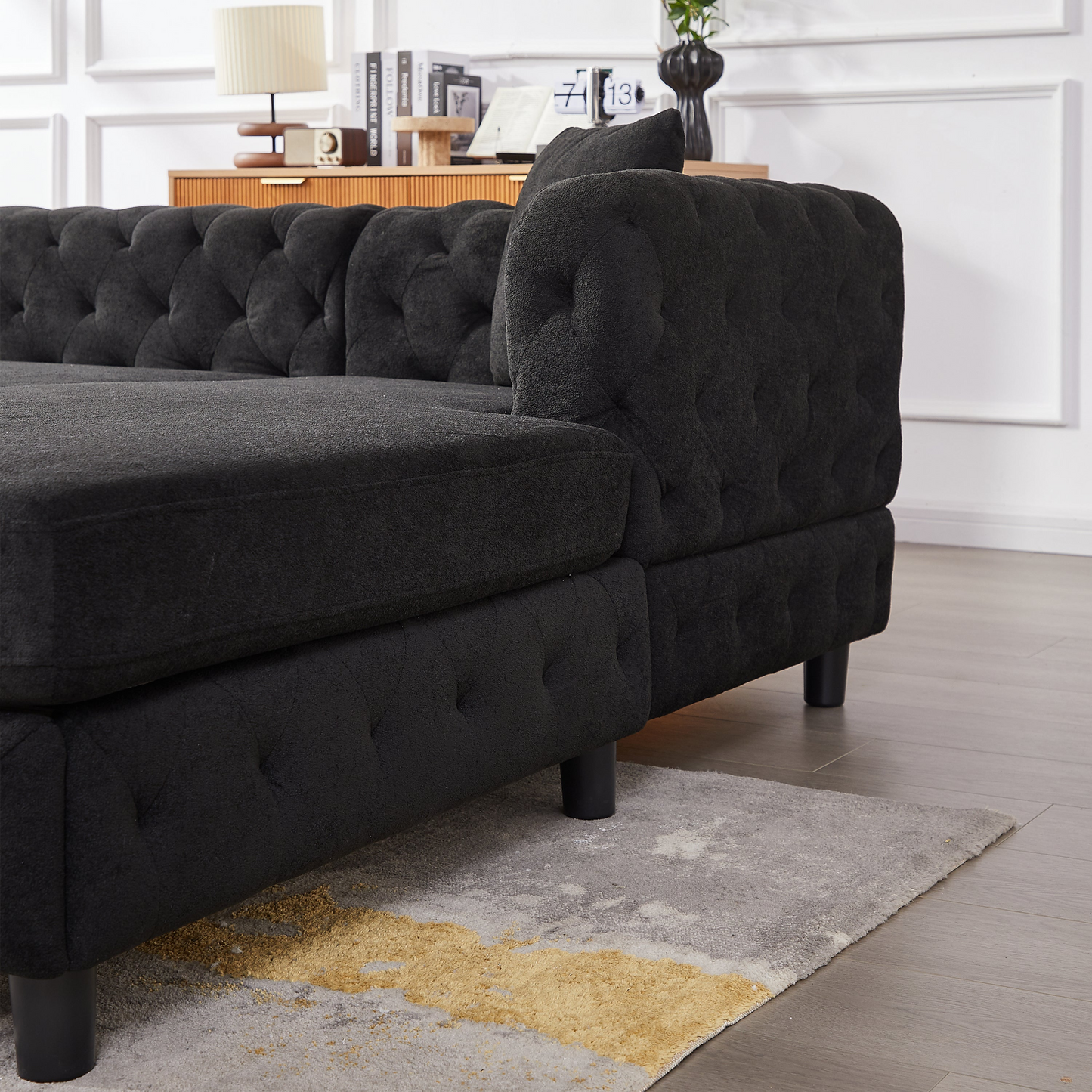 126-inch Modern Style Chenille Three Piece Sofa, Pull Point Design U-shaped Sofa two Chaise Longue Seats, two Pillows and Plastic Feet, Suitable for Living room, Bedroom, Lounge and Projection Room