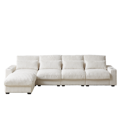 126-inch Corduroy With Cup Holder Super Large L-Shaped Sofa, Movable Footrest, Four Waist Pillows And Four Back Cushion, With USB Port And Type-C Port