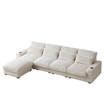 126-inch Corduroy With Cup Holder Super Large L-Shaped Sofa, Movable Footrest, Four Waist Pillows And Four Back Cushion, With USB Port And Type-C Port