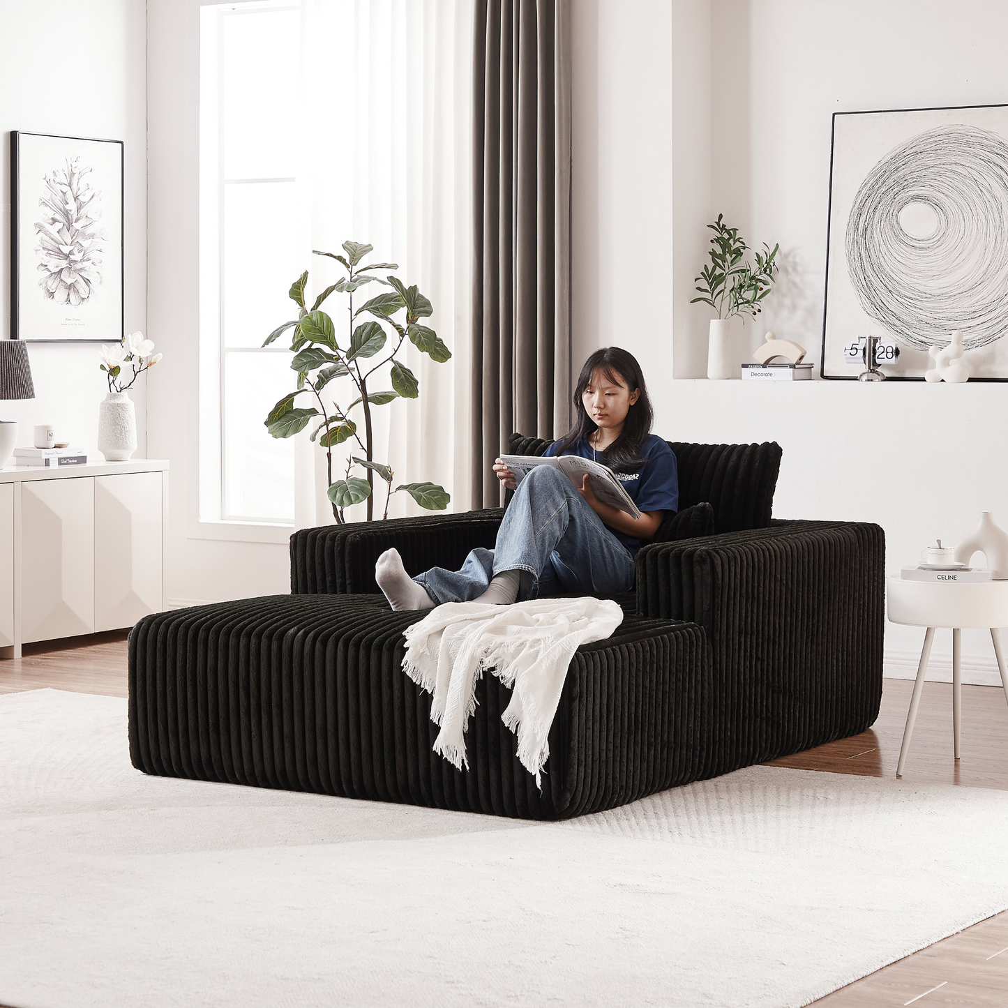 75-Inch Corduroy Sponge Sofa Lounge Chair,No Assembly Required,Fluffy Modern Sleeper Chair for Indoor Living Room Bedroom