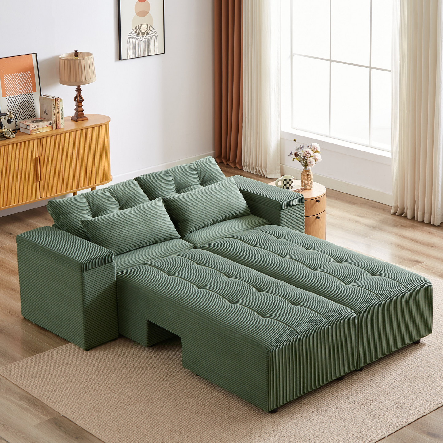 Convertible 3 in 1 Sleeper Sofa and Sectional Sofa with 4 Storage Space for Living Room,Corduroy Couch With 4 pillows,Corduroy