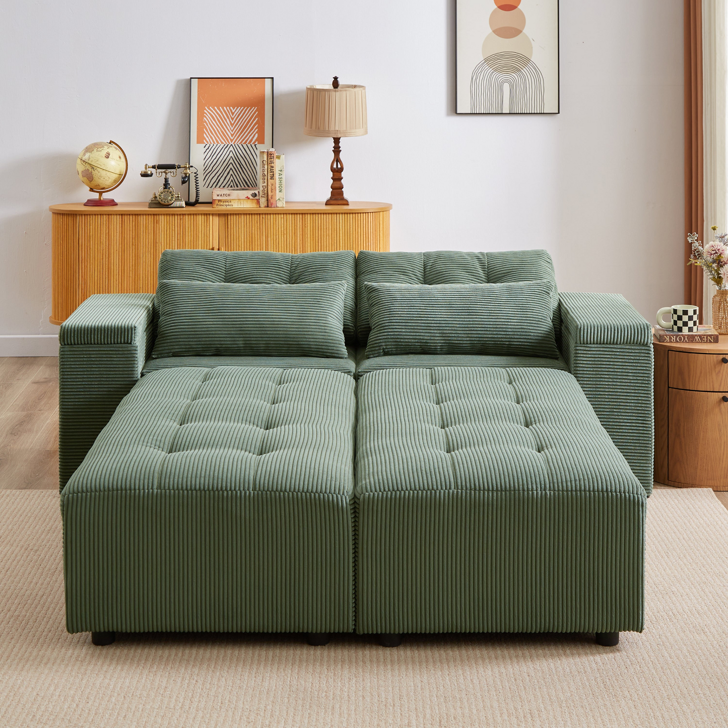 Convertible 3 in 1 Sleeper Sofa and Sectional Sofa with 4 Storage Space for Living Room,Corduroy Couch With 4 pillows,Corduroy