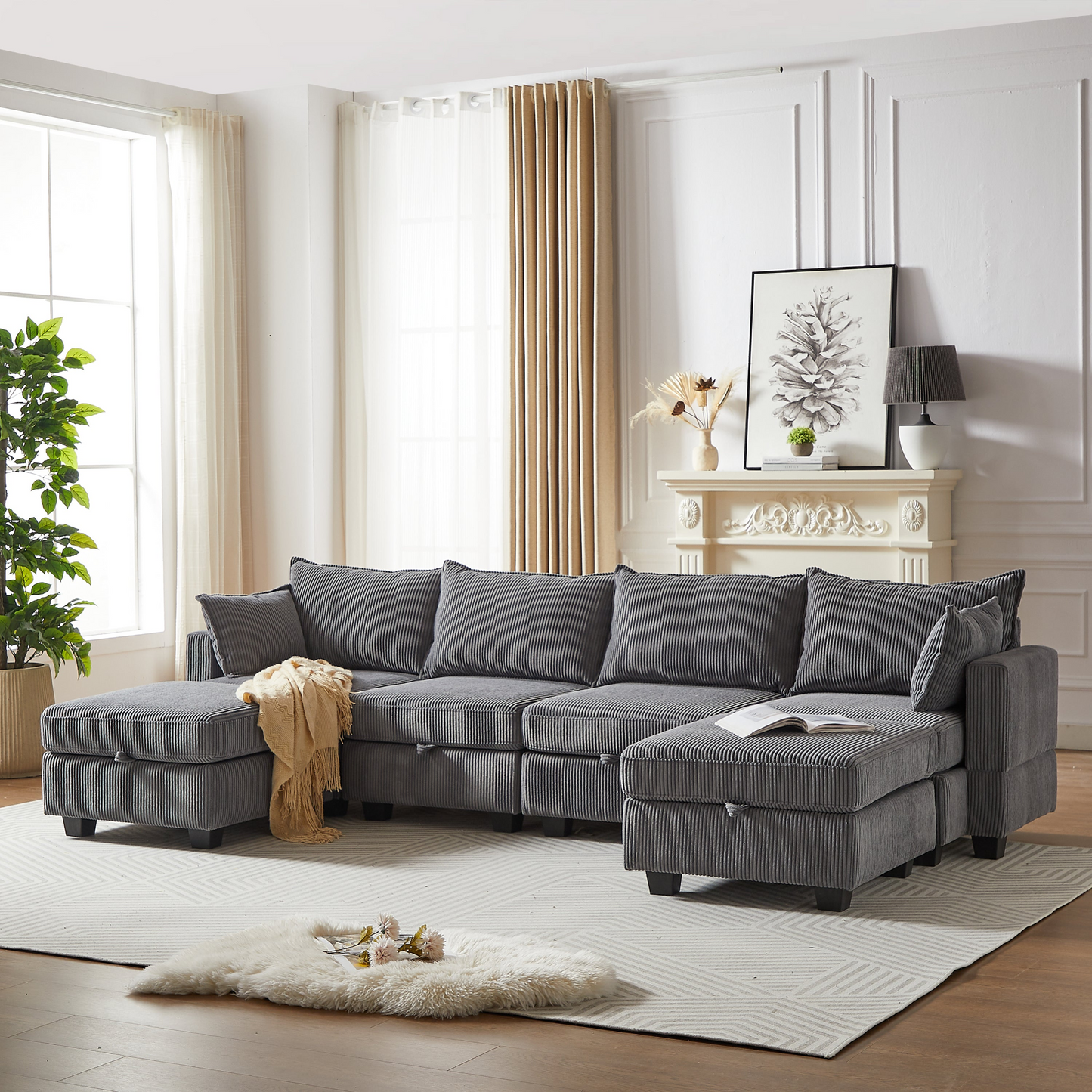 113.5'' Modular Sectiona Corduroy Sofa, Sectional Couches for Living Room U Shaped Sectional Couch with Storage Ottoman, 6 Seats Convertible Sectionals with Chaise