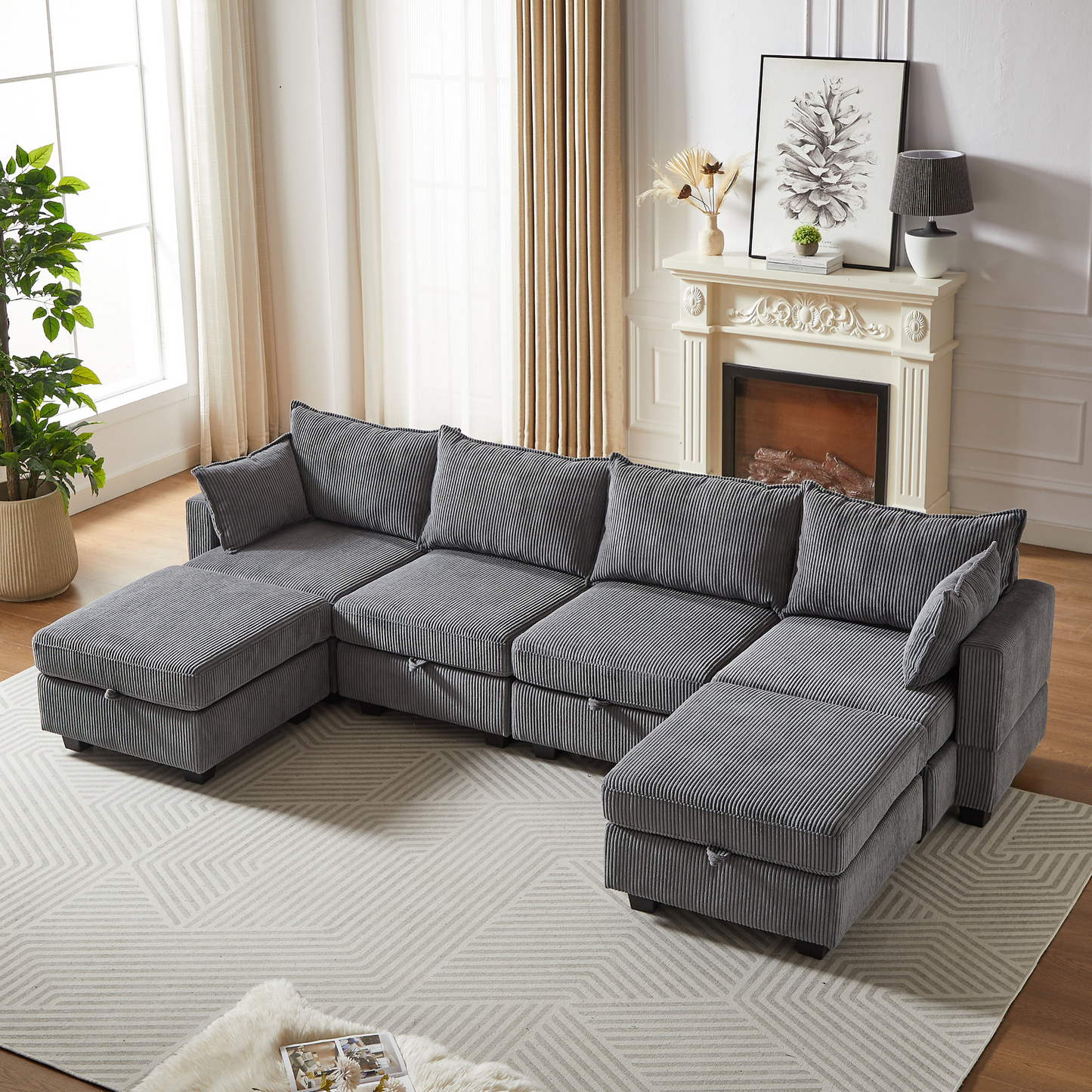 113.5'' Modular Sectiona Corduroy Sofa, Sectional Couches for Living Room U Shaped Sectional Couch with Storage Ottoman, 6 Seats Convertible Sectionals with Chaise