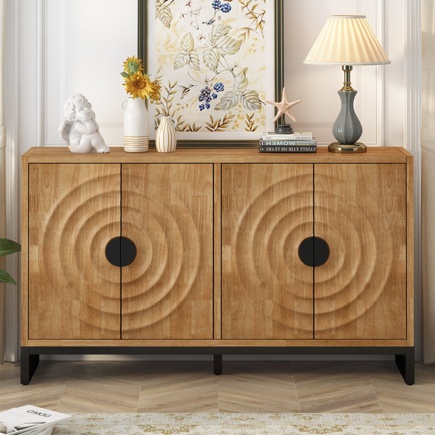 Storage Cabinet Sideboard Wooden Cabinet with Stunning Water Wave Door Design, Rubberwood Veneer and Adjustable Shelves,Suitable for Living Rooms, Entrance and Study Rooms