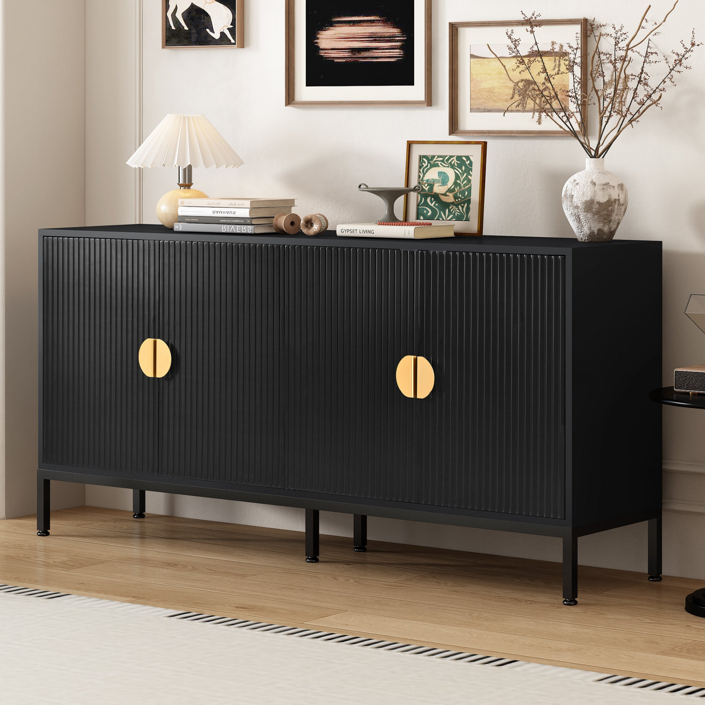 Exquisite Vertical-Striped Four-Door Sideboard with Sturdy Metal Legs and Semi-Circular Handles, Suitable for Study, Entryway and Living Room