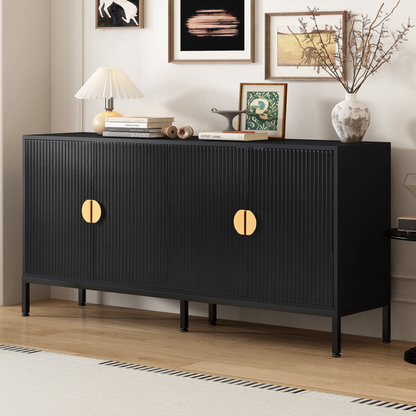 Exquisite Vertical-Striped Four-Door Sideboard with Sturdy Metal Legs and Semi-Circular Handles, Suitable for Study, Entryway and Living Room