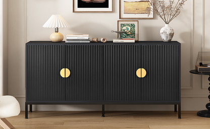 Exquisite Vertical-Striped Four-Door Sideboard with Sturdy Metal Legs and Semi-Circular Handles, Suitable for Study, Entryway and Living Room