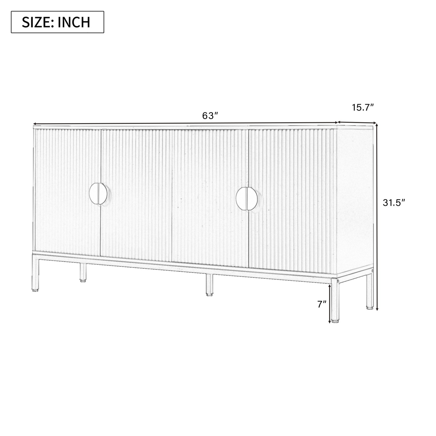 Exquisite Vertical-Striped Four-Door Sideboard with Sturdy Metal Legs and Semi-Circular Handles, Suitable for Study, Entryway and Living Room