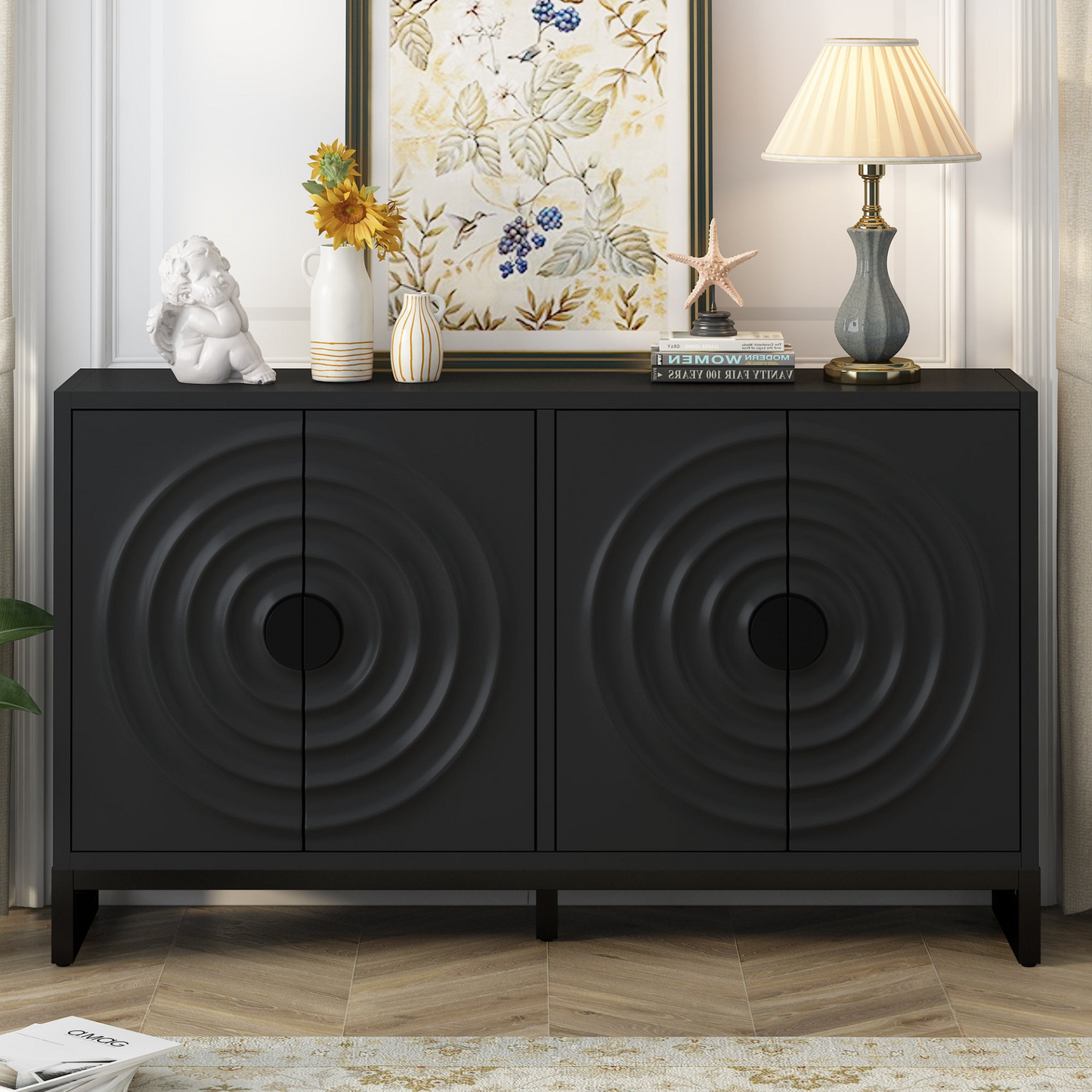 Storage Cabinet Sideboard Wooden Cabinet with Stunning Water Wave Door Design, Rubberwood Veneer and Adjustable Shelves,Suitable for Living Rooms, Entrance and Study Rooms