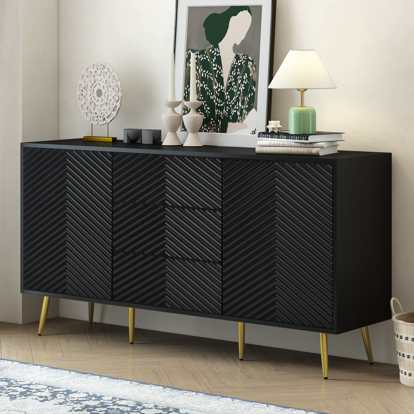 Modern Sideboard with Geometric Line Design, Conical Metal Legs, and Central Drawers for Stylish Storage, Suitable for Study, Entryway and Living Room