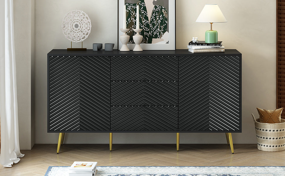 Modern Sideboard with Geometric Line Design, Conical Metal Legs, and Central Drawers for Stylish Storage, Suitable for Study, Entryway and Living Room