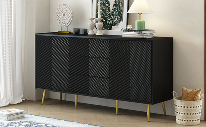 Modern Sideboard with Geometric Line Design, Conical Metal Legs, and Central Drawers for Stylish Storage, Suitable for Study, Entryway and Living Room