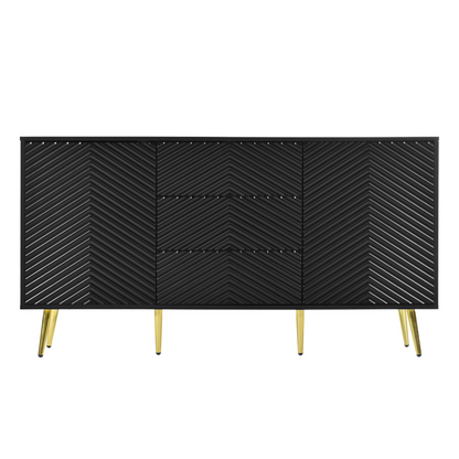 Modern Sideboard with Geometric Line Design, Conical Metal Legs, and Central Drawers for Stylish Storage, Suitable for Study, Entryway and Living Room