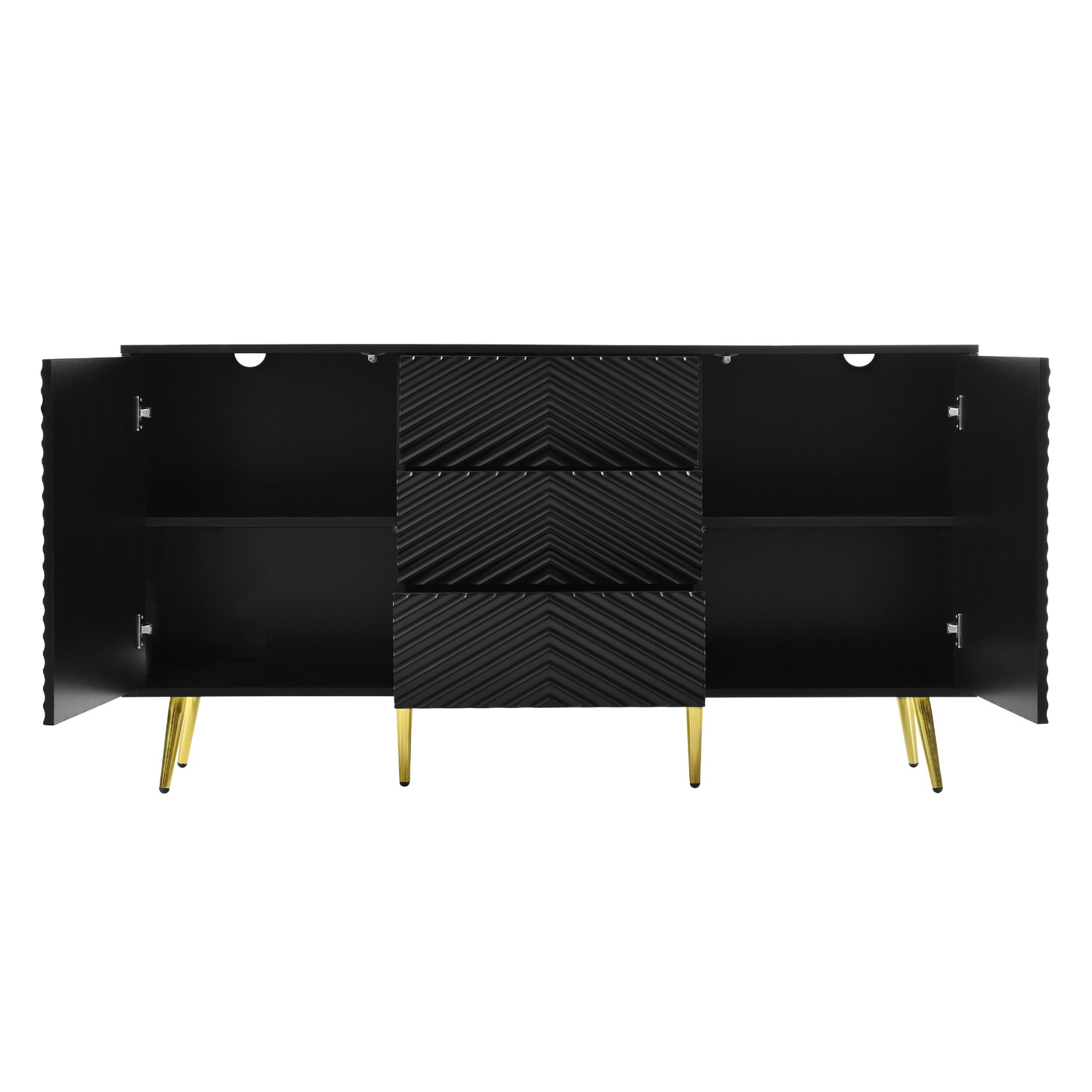Modern Sideboard with Geometric Line Design, Conical Metal Legs, and Central Drawers for Stylish Storage, Suitable for Study, Entryway and Living Room