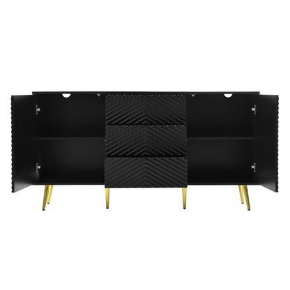 Modern Sideboard with Geometric Line Design, Conical Metal Legs, and Central Drawers for Stylish Storage, Suitable for Study, Entryway and Living Room