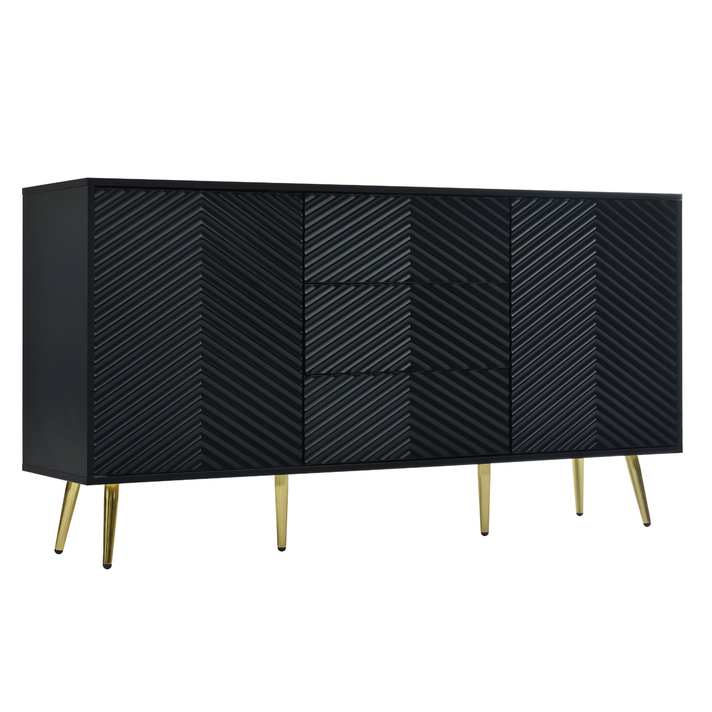 Modern Sideboard with Geometric Line Design, Conical Metal Legs, and Central Drawers for Stylish Storage, Suitable for Study, Entryway and Living Room