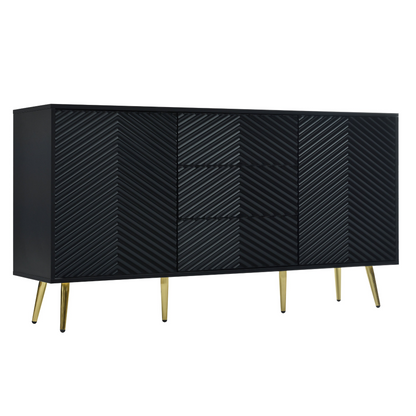 Modern Sideboard with Geometric Line Design, Conical Metal Legs, and Central Drawers for Stylish Storage, Suitable for Study, Entryway and Living Room