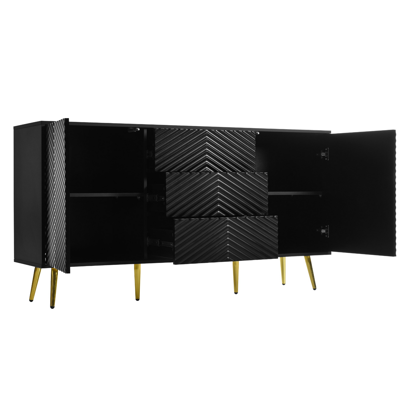 Modern Sideboard with Geometric Line Design, Conical Metal Legs, and Central Drawers for Stylish Storage, Suitable for Study, Entryway and Living Room
