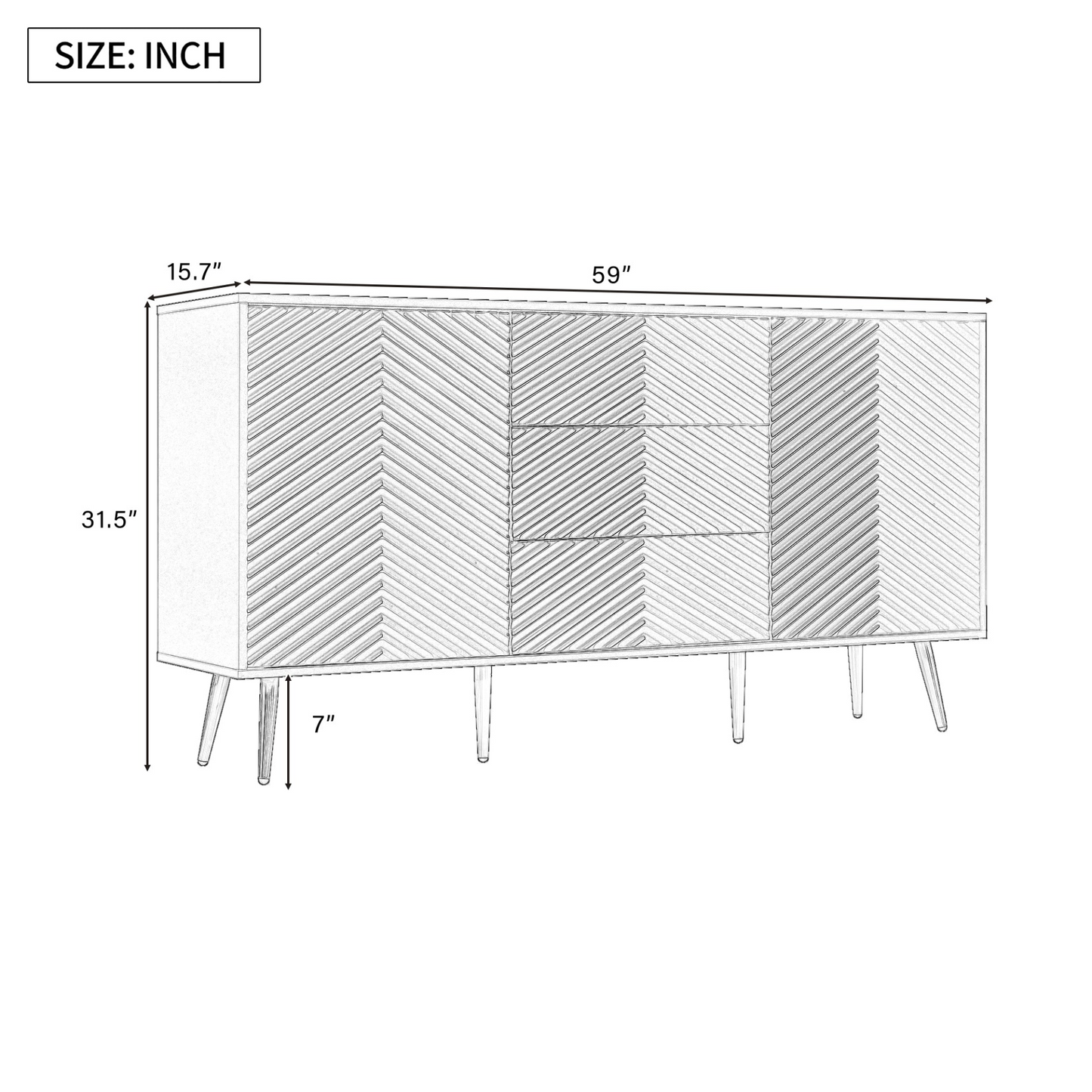 Modern Sideboard with Geometric Line Design, Conical Metal Legs, and Central Drawers for Stylish Storage, Suitable for Study, Entryway and Living Room