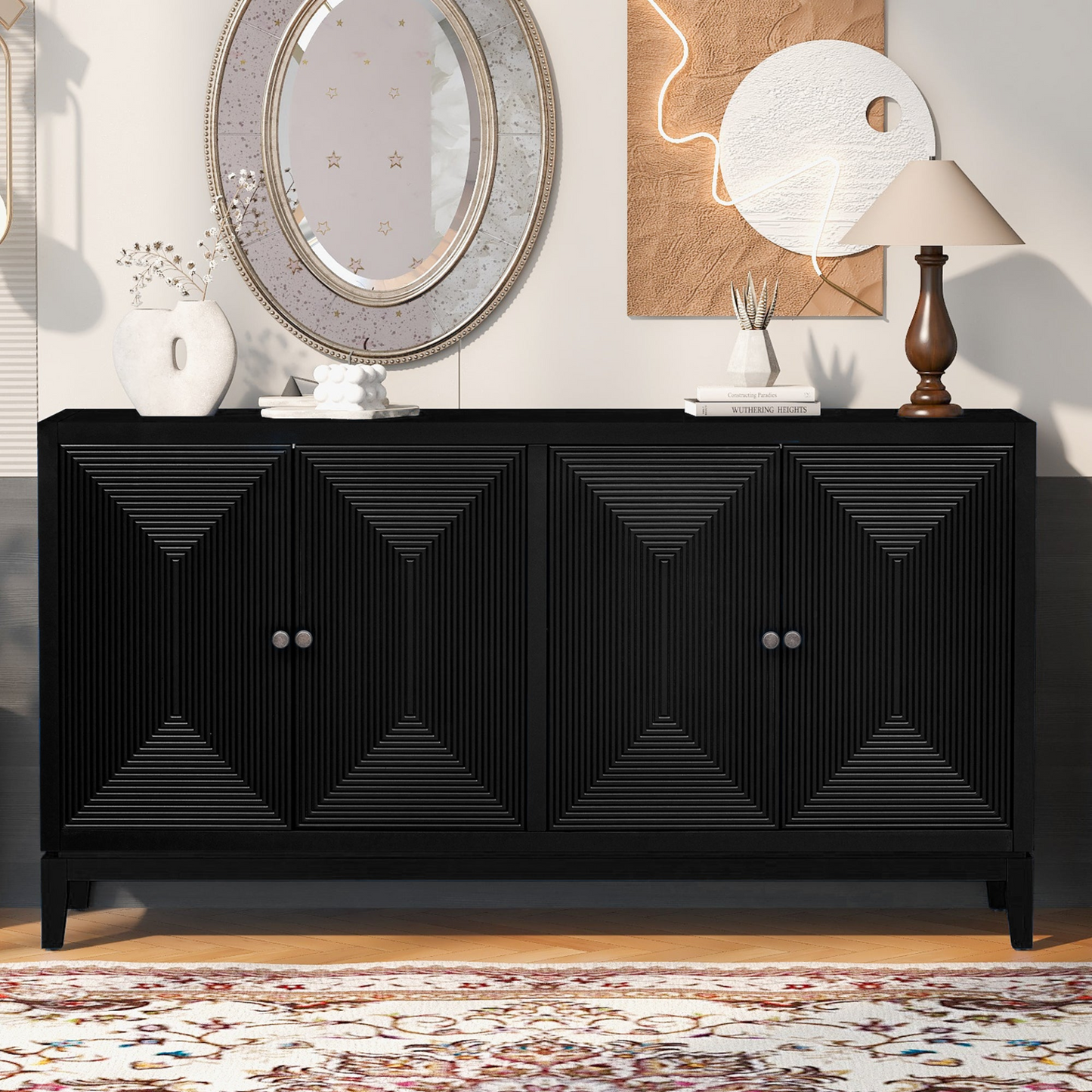 Sleek Storage Cabinet Sideboard Buffet with Vertical Line Design,Suitable for Study,Entrance and Living Room