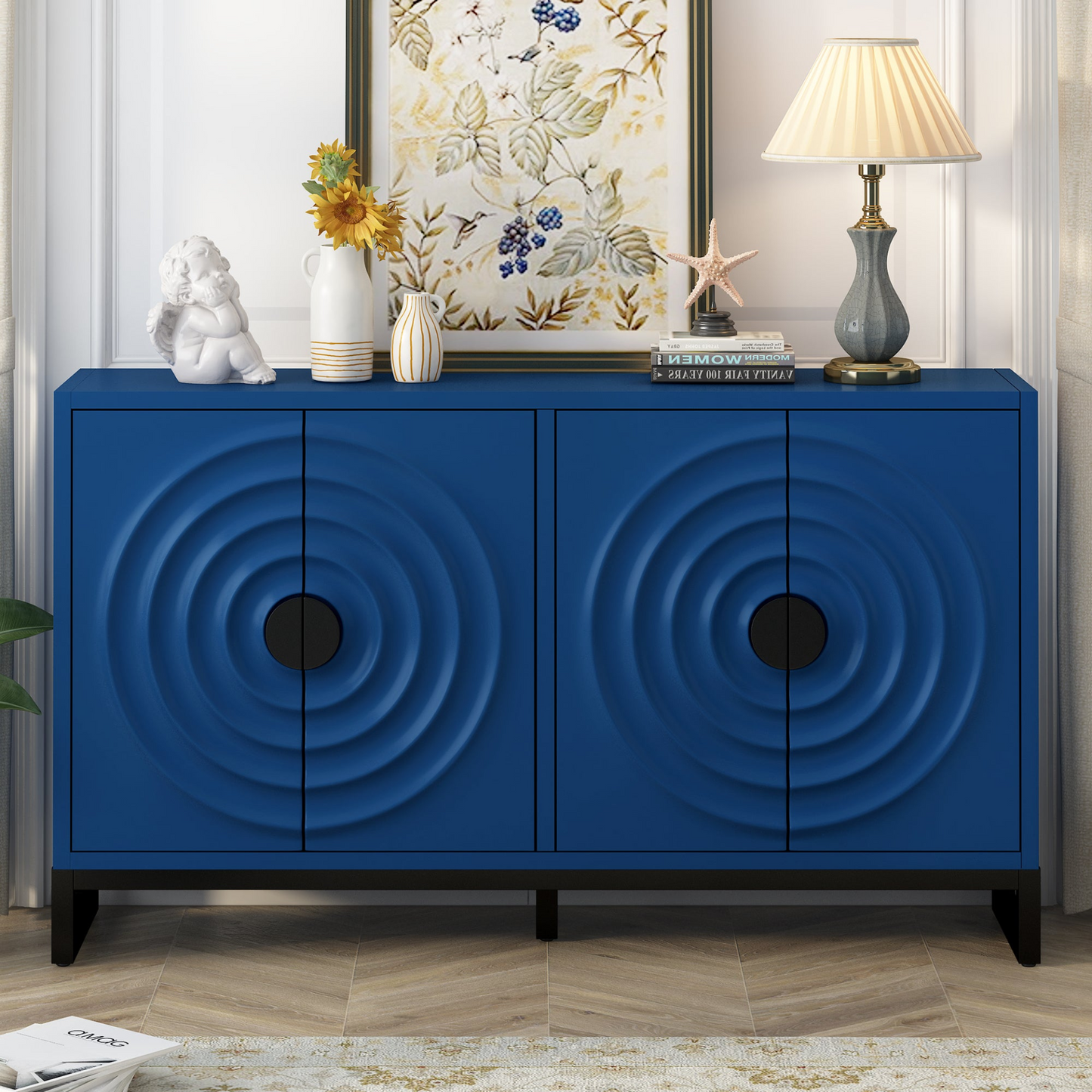 Storage Cabinet Sideboard Wooden Cabinet with Stunning Water Wave Door Design, Rubberwood Veneer and Adjustable Shelves,Suitable for Living Rooms, Entrance and Study Rooms
