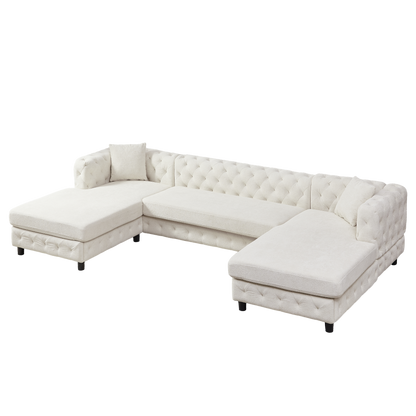 126-inch Modern Style Chenille Three Piece Sofa, Pull Point Design U-shaped Sofa two Chaise Longue Seats, two Pillows and Plastic Feet, Suitable for Living room, Bedroom, Lounge and Projection Room