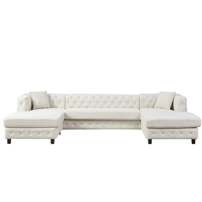 126-inch Modern Style Chenille Three Piece Sofa, Pull Point Design U-shaped Sofa two Chaise Longue Seats, two Pillows and Plastic Feet, Suitable for Living room, Bedroom, Lounge and Projection Room
