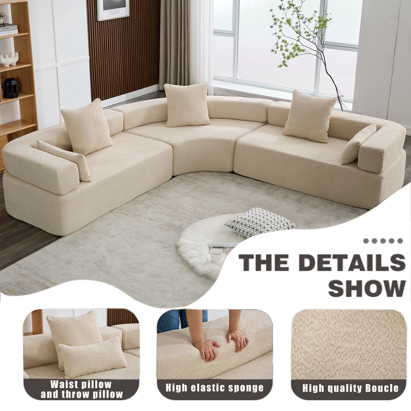 Oversized Combination Sofa,Curved Sofa,Upholstered 4 Seater Couch for Living Room,  Modern Modular 3 Piece Free Combination, Semicircular Modular  Sofa ,  Boucle, Khaki