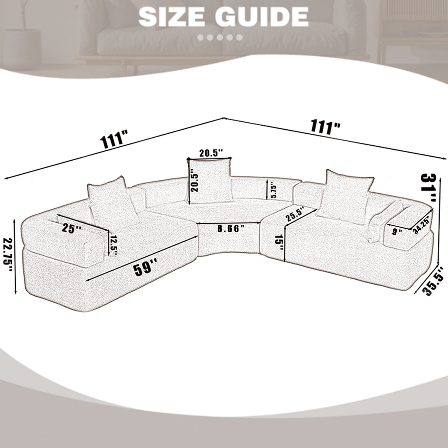 Oversized Combination Sofa,Curved Sofa,Upholstered 4 Seater Couch for Living Room,  Modern Modular 3 Piece Free Combination, Semicircular Modular  Sofa ,  Boucle, Khaki