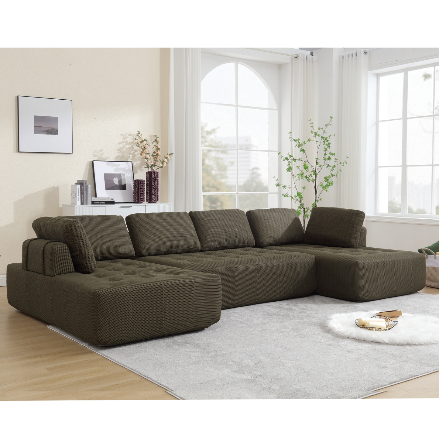 138.5 "Modular Combination Sofa, U-shaped Sofa, Living Room, Apartment, Upholstered ,6-seat Sofa, Free Combination Sofa (Mesh Fabric), Breathable Fabric,Green