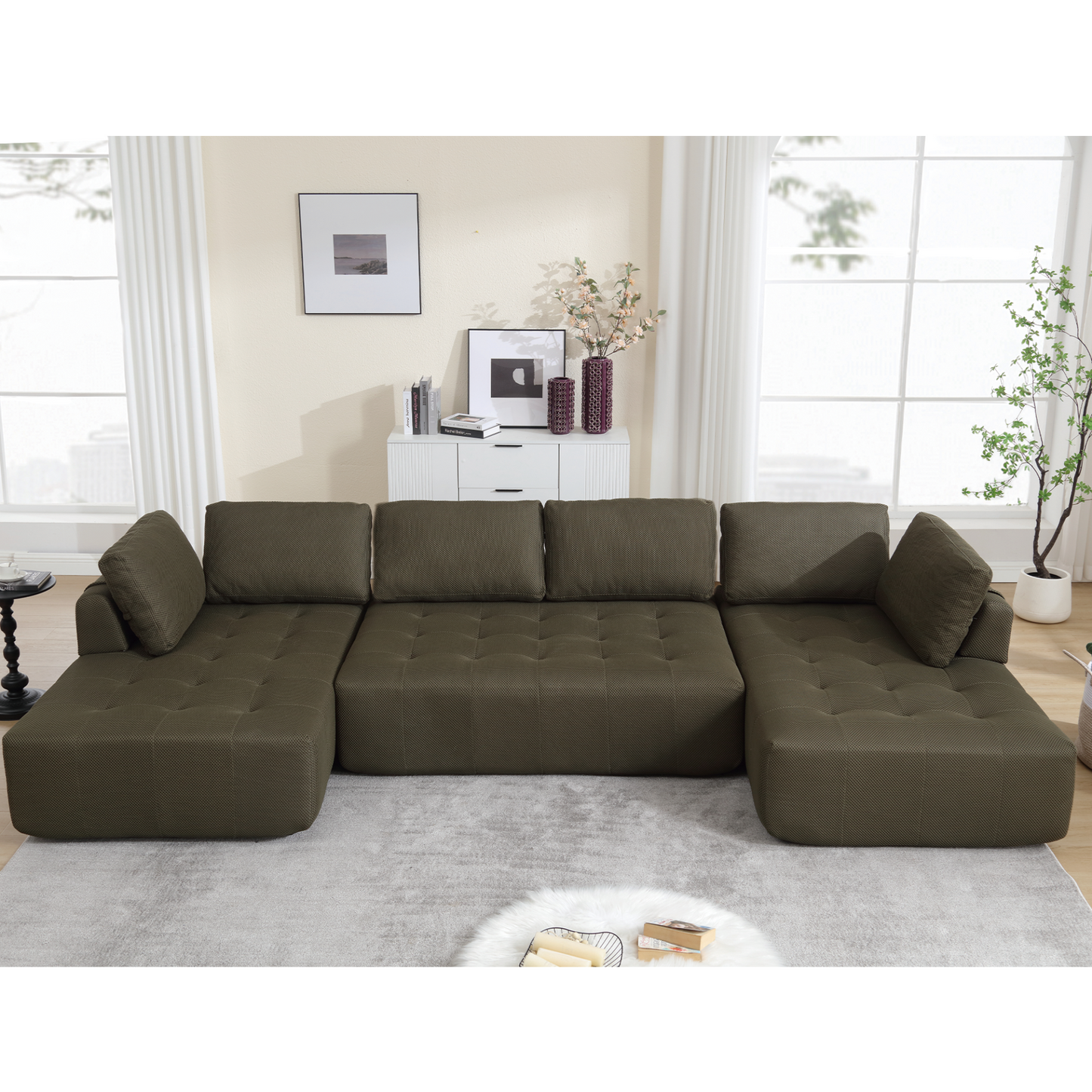 138.5 "Modular Combination Sofa, U-shaped Sofa, Living Room, Apartment, Upholstered ,6-seat Sofa, Free Combination Sofa (Mesh Fabric), Breathable Fabric,Green