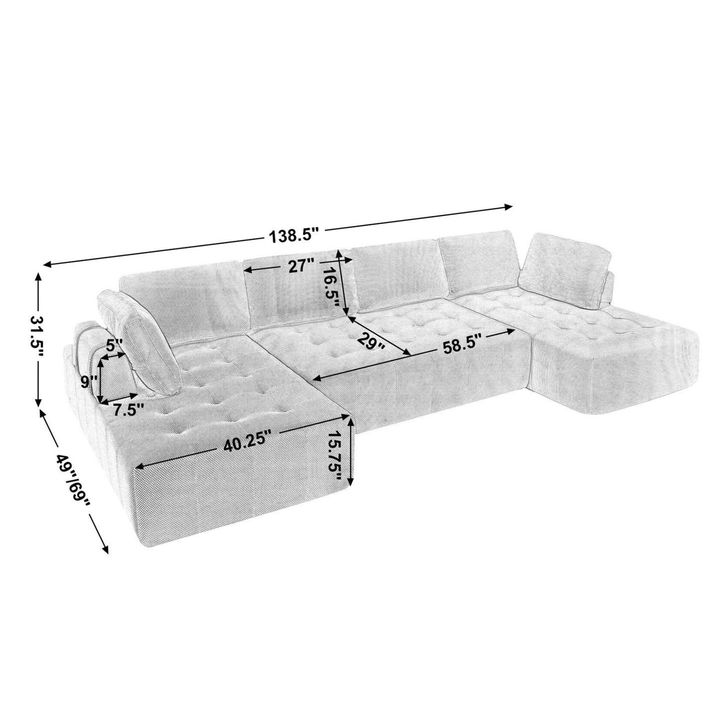 138.5 "Modular Combination Sofa, U-shaped Sofa, Living Room, Apartment, Upholstered ,6-seat Sofa, Free Combination Sofa (Mesh Fabric), Breathable Fabric,Green
