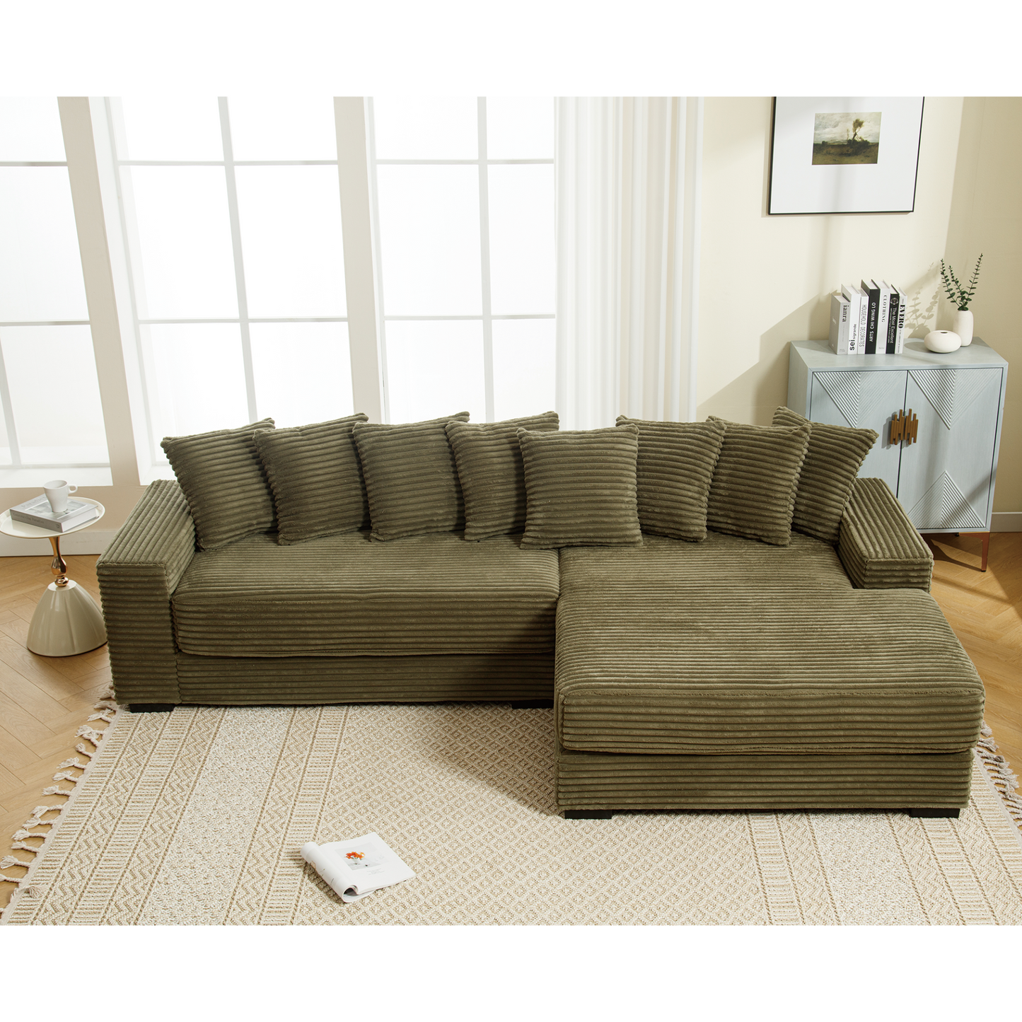 Oversized Two-Piece Couches, L Shaped Sofa, Corduroy, Right Chaise Daybed,with Armrests,Eight Throw Pillows,Corner Sofa,Easy To Assemble, Green
