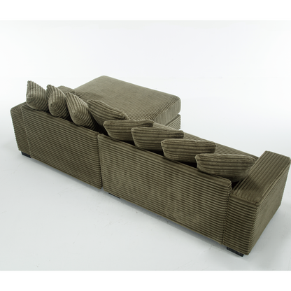 Oversized Two-Piece Couches, L Shaped Sofa, Corduroy, Right Chaise Daybed,with Armrests,Eight Throw Pillows,Corner Sofa,Easy To Assemble, Green