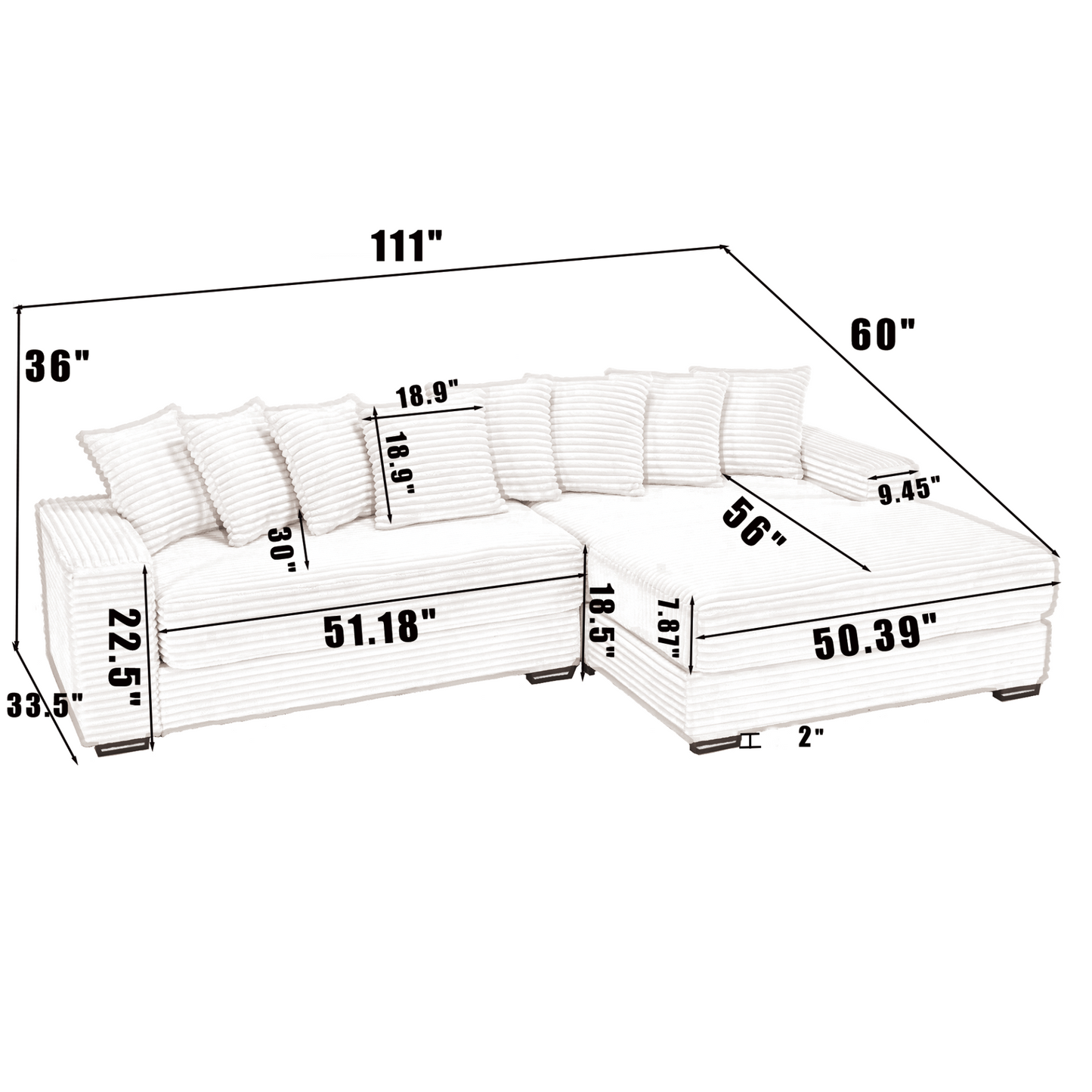Oversized Two-Piece Couches, L Shaped Sofa, Corduroy, Right Chaise Daybed,with Armrests,Eight Throw Pillows,Corner Sofa,Easy To Assemble, Green