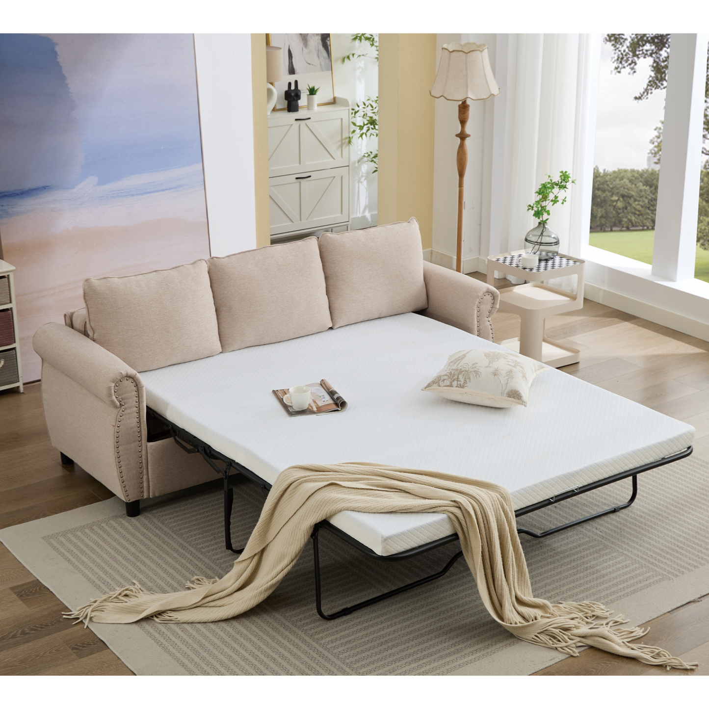 81.5" 2-in-1 Queen  Convertible Sleeper Sofa Bed,  Pull Out Couch Bed,3 seater sofa bed,with 3.35" Memory Foam Mattress ,Rivet handrail,Living Room, Apartment,  Beige