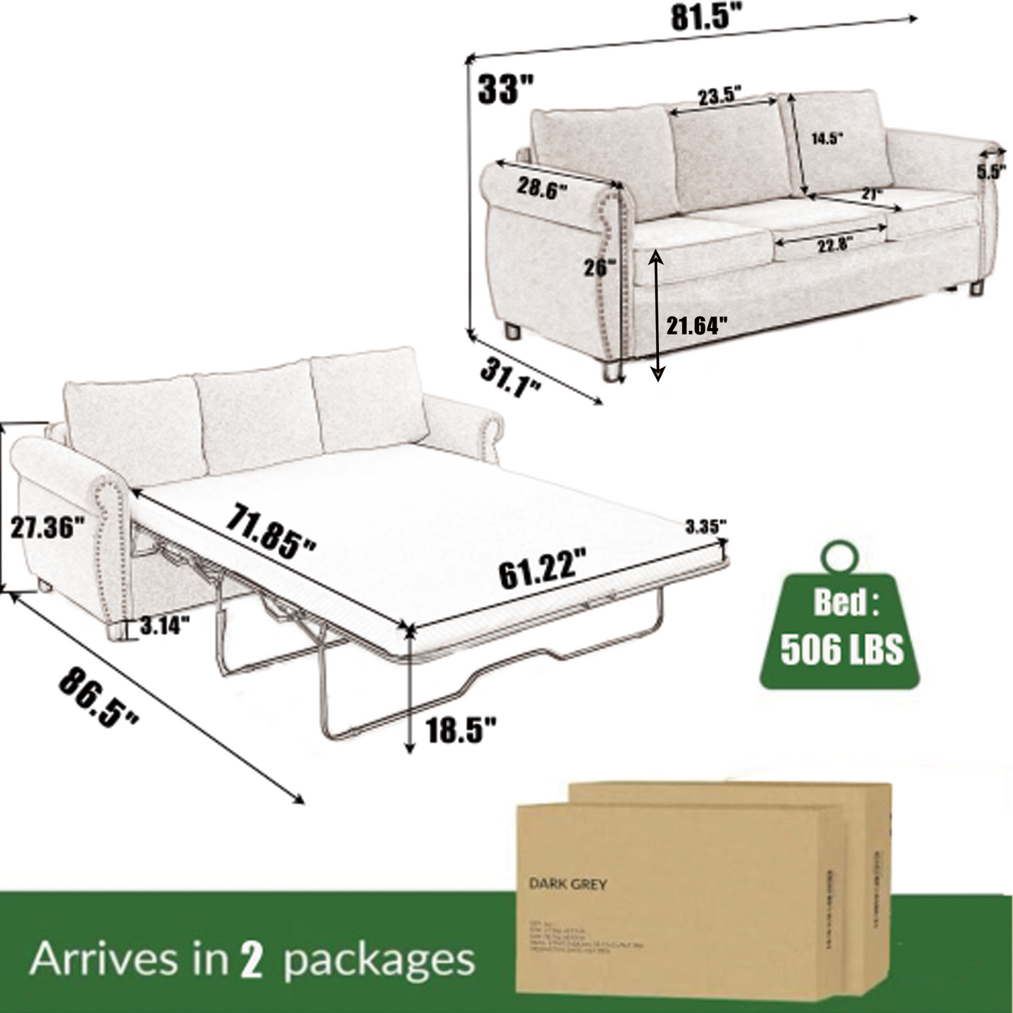 81.5" 2-in-1 Queen  Convertible Sleeper Sofa Bed,  Pull Out Couch Bed,3 seater sofa bed,with 3.35" Memory Foam Mattress ,Rivet handrail,Living Room, Apartment,  Beige