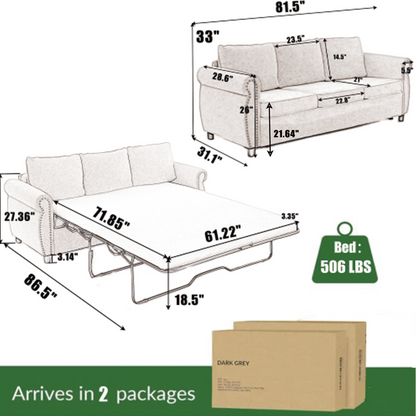 81.5" 2-in-1 Queen  Convertible Sleeper Sofa Bed,  Pull Out Couch Bed,3 seater sofa bed,with 3.35" Memory Foam Mattress ,Rivet handrail,Living Room, Apartment,  Beige