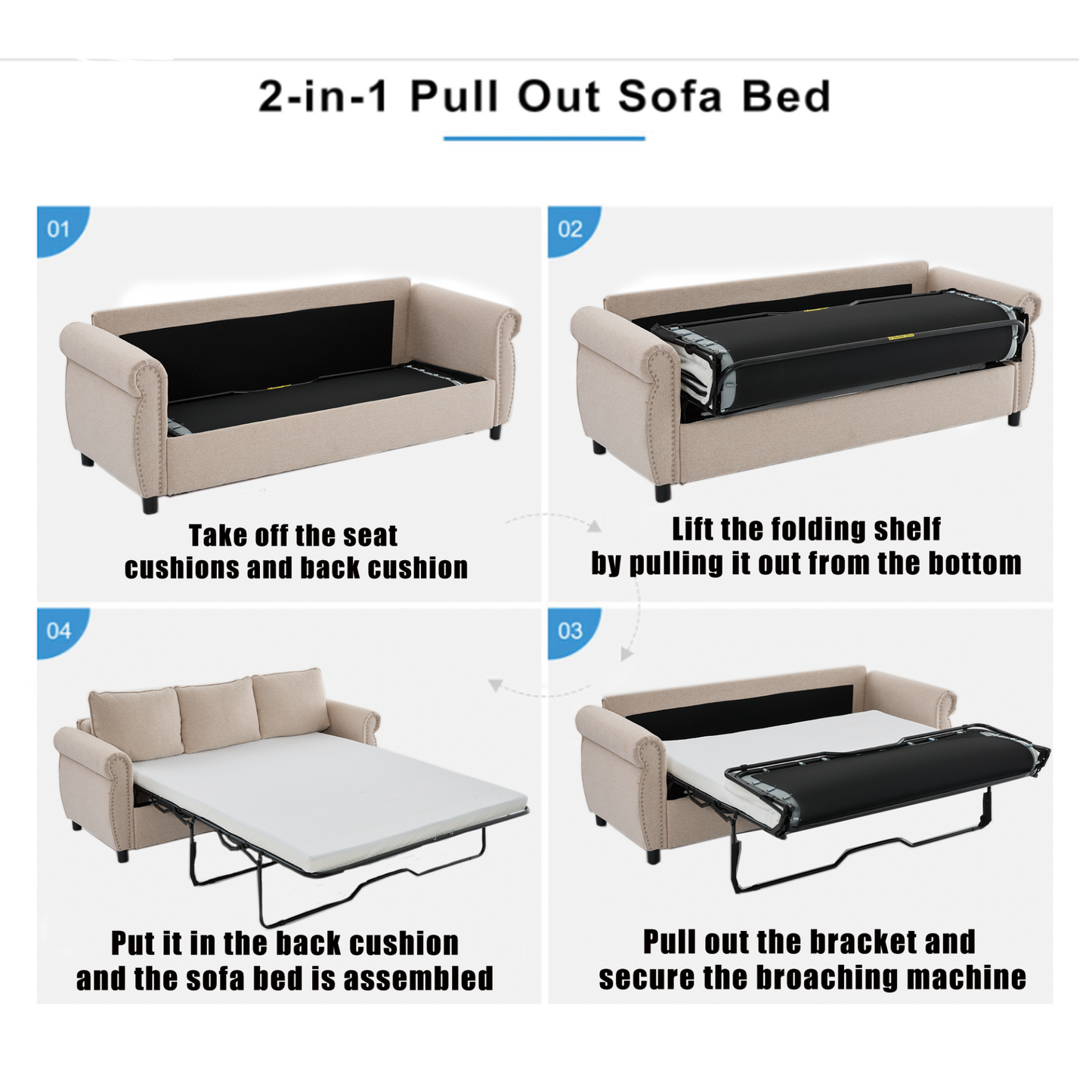 81.5" 2-in-1 Queen  Convertible Sleeper Sofa Bed,  Pull Out Couch Bed,3 seater sofa bed,with 3.35" Memory Foam Mattress ,Rivet handrail,Living Room, Apartment,  Beige