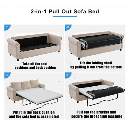 81.5" 2-in-1 Queen  Convertible Sleeper Sofa Bed,  Pull Out Couch Bed,3 seater sofa bed,with 3.35" Memory Foam Mattress ,Rivet handrail,Living Room, Apartment,  Beige