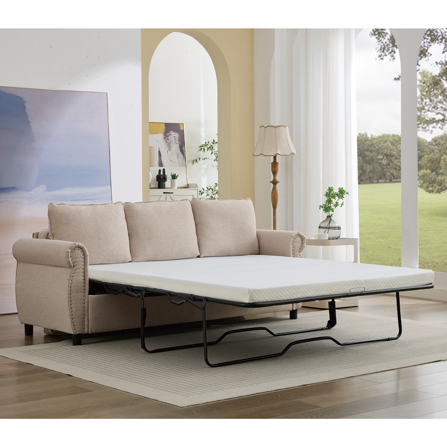 81.5" 2-in-1 Queen  Convertible Sleeper Sofa Bed,  Pull Out Couch Bed,3 seater sofa bed,with 3.35" Memory Foam Mattress ,Rivet handrail,Living Room, Apartment,  Beige