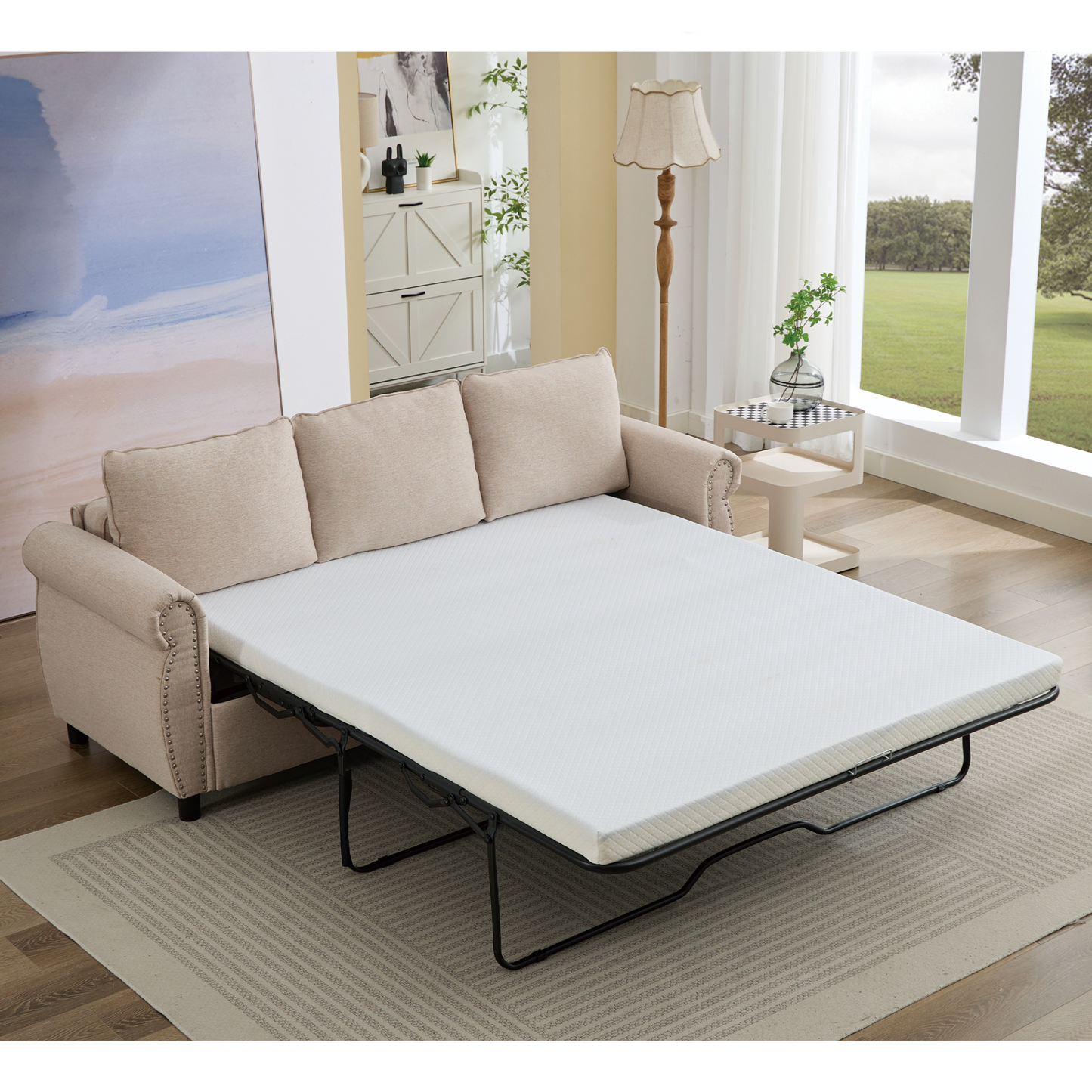 81.5" 2-in-1 Queen  Convertible Sleeper Sofa Bed,  Pull Out Couch Bed,3 seater sofa bed,with 3.35" Memory Foam Mattress ,Rivet handrail,Living Room, Apartment,  Beige