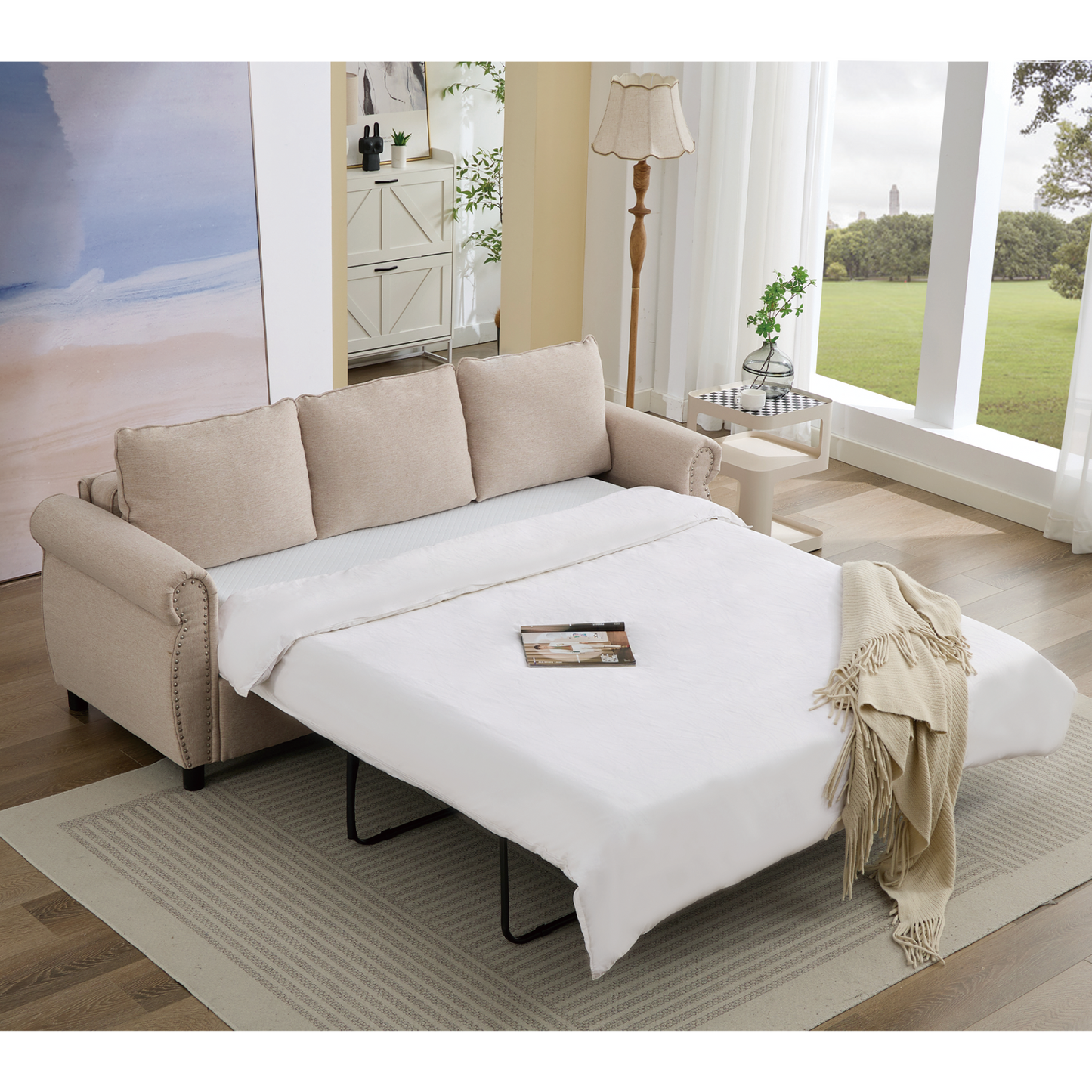 81.5" 2-in-1 Queen  Convertible Sleeper Sofa Bed,  Pull Out Couch Bed,3 seater sofa bed,with 3.35" Memory Foam Mattress ,Rivet handrail,Living Room, Apartment,  Beige