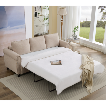 81.5" 2-in-1 Queen  Convertible Sleeper Sofa Bed,  Pull Out Couch Bed,3 seater sofa bed,with 3.35" Memory Foam Mattress ,Rivet handrail,Living Room, Apartment,  Beige