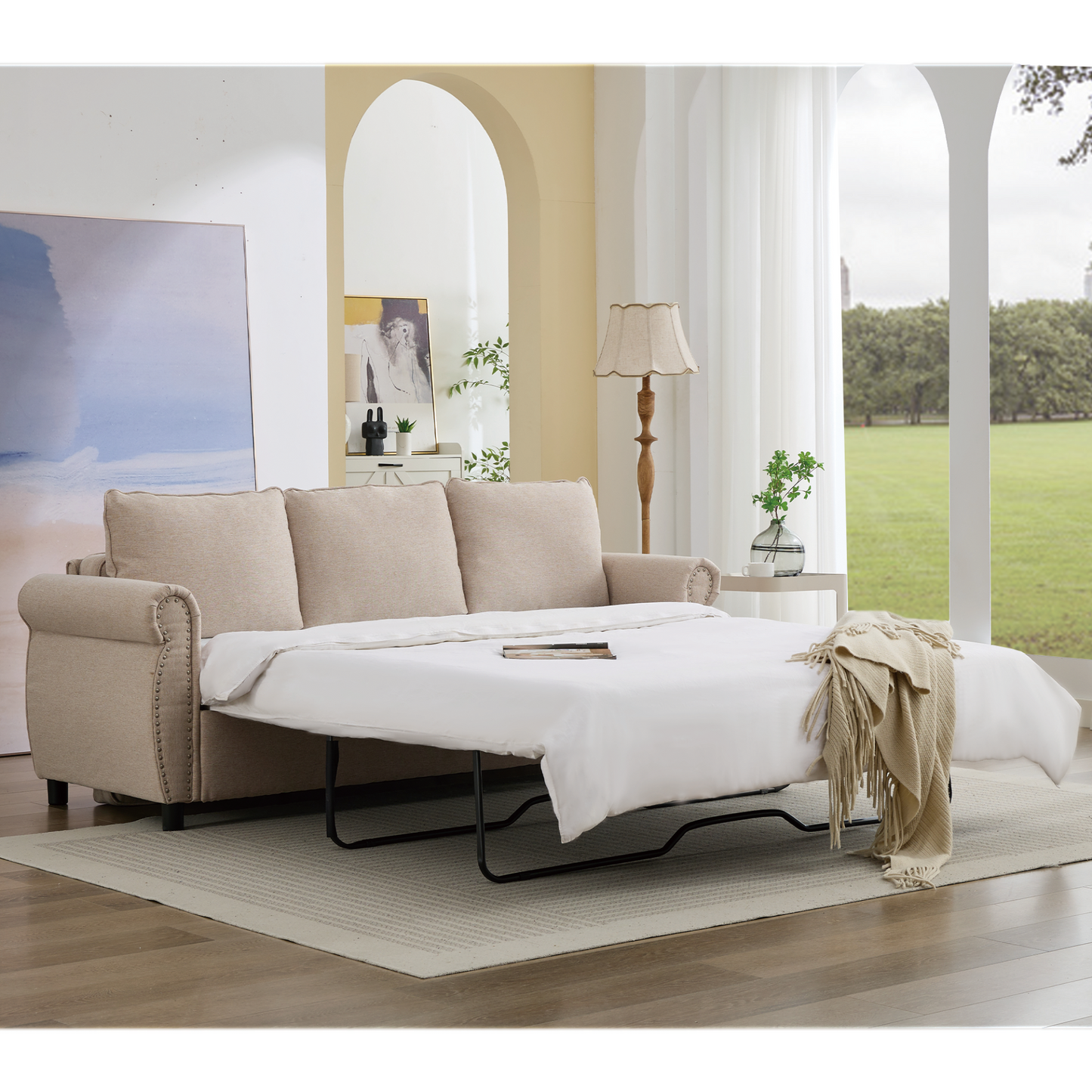 81.5" 2-in-1 Queen  Convertible Sleeper Sofa Bed,  Pull Out Couch Bed,3 seater sofa bed,with 3.35" Memory Foam Mattress ,Rivet handrail,Living Room, Apartment,  Beige